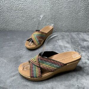 Skechers Luxe Foam Wedge Sandals‎ Womens 8 Rainbow Woven Cross Strap Comfort